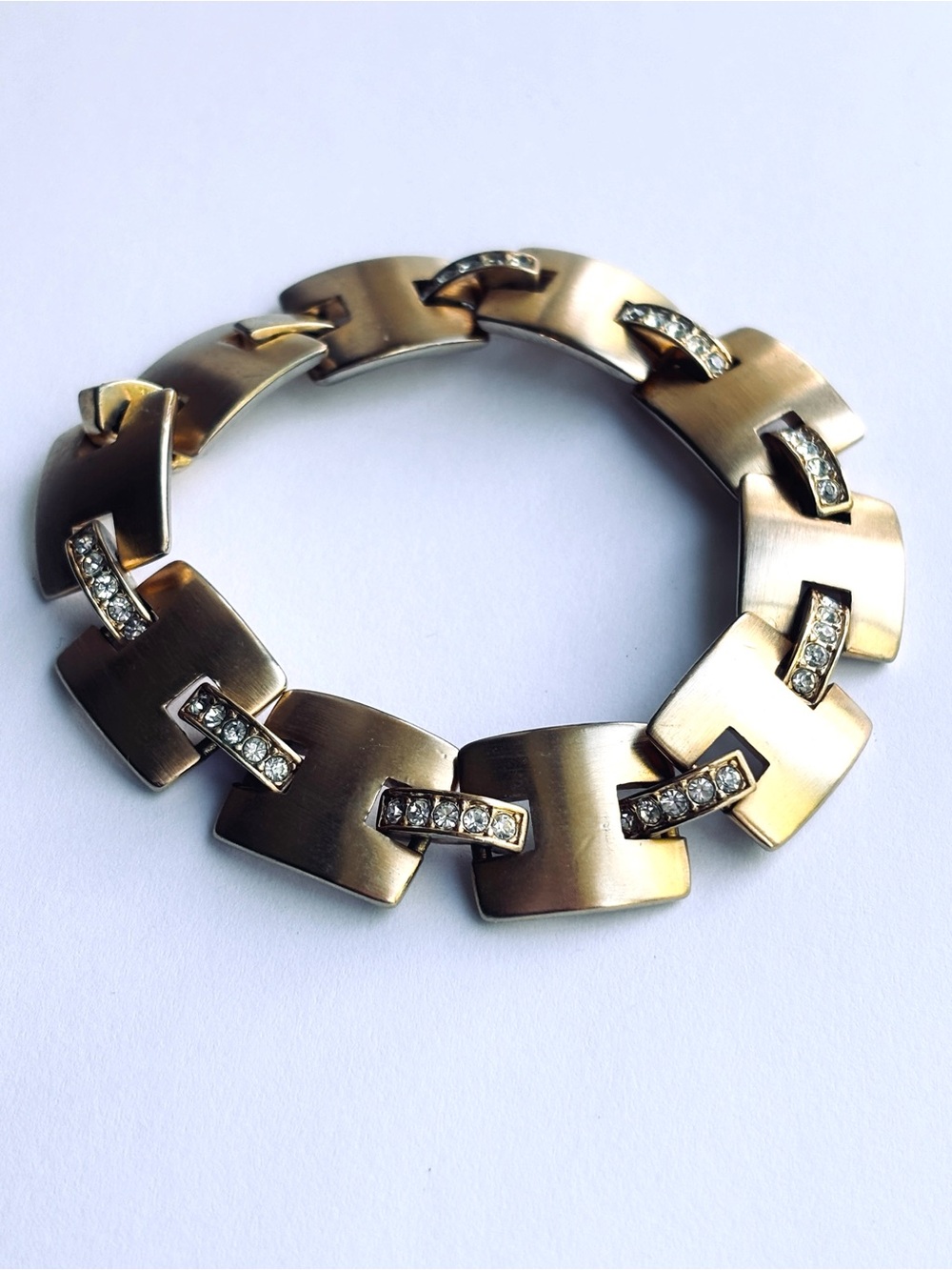 Monet Vintage Signed 80s Gold Toned Link Bracelet Faux Diamond Crystals